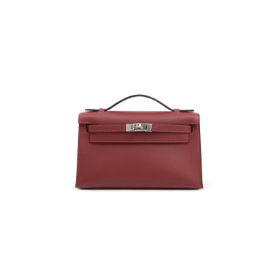 HERMRE KELLY POCHETTE ROUGE H SWIFT PALLADIUM HARDWARE (22*14*7cm)